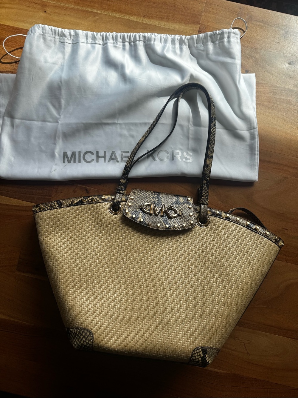Michael Kors Beige Straw Tote with Snake-Print Trim and MK Accent